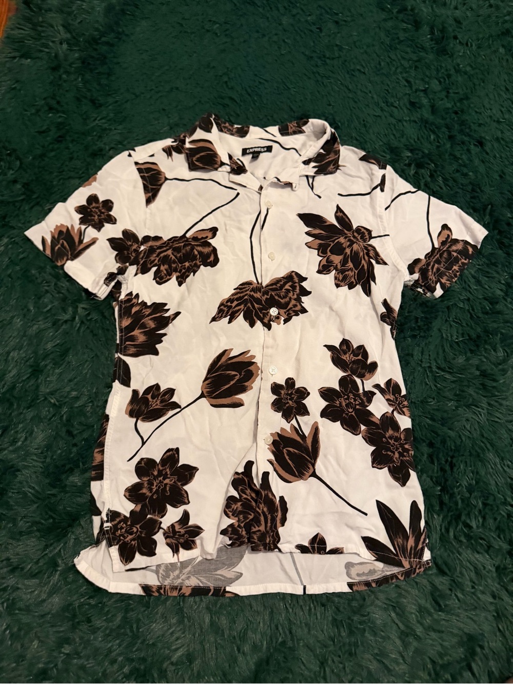 Express Floral Button Up Camp Shirt XS Brown White Tropical